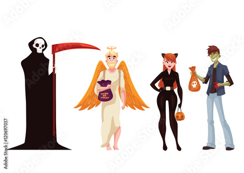 People dresses in death, monster, angel and cat woman Halloween costumes, cartoon style vector illustration isolated on white background. Death, monster, angel and cat fancy dress ideas for Halloween