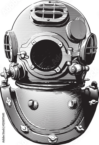 detail of an old diving suit heavy brass helmet