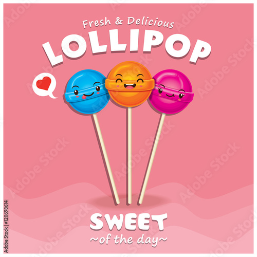 Vintage lollipop poster design set with lollipop character.