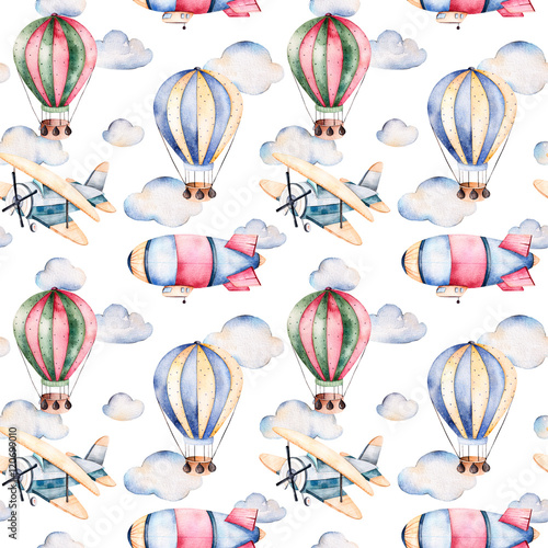 Seamless pattern with air balloons,airship,clouds and the plane in pastel colors.Watercolor air ballons beautifully decorated on white background and other aircrafts.Perfect for wallpaper