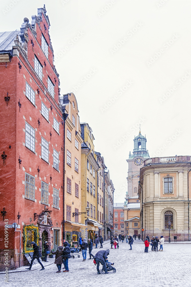 Fototapeta premium views of Stortorget Square during a snowstorm . Stockholm, Swede