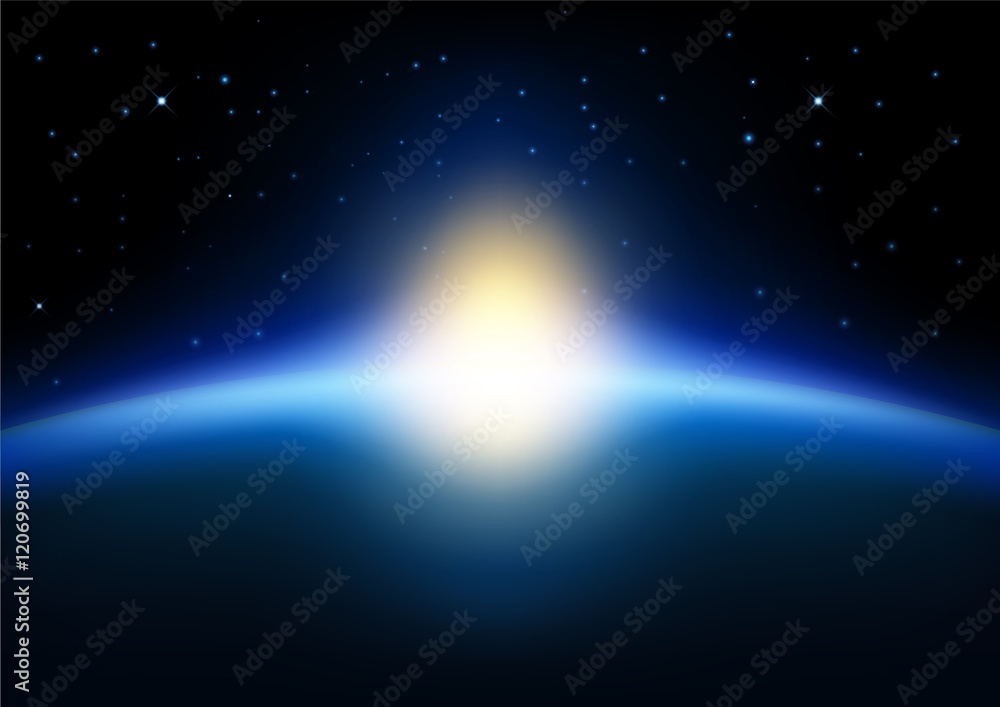 Rising sun on earth on blue glowing background