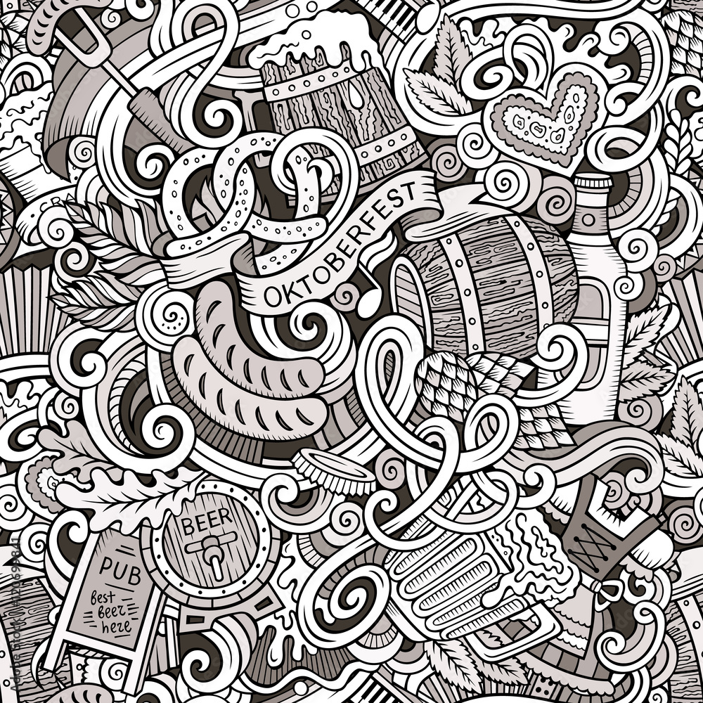 Cartoon cute doodles hand drawn Octoberfest seamless pattern