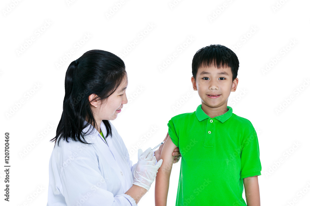 Asian illness boy get an injection, vaccination. Isolated on white background. Asian illness boy get an injection, vaccination. Isolated on white background.