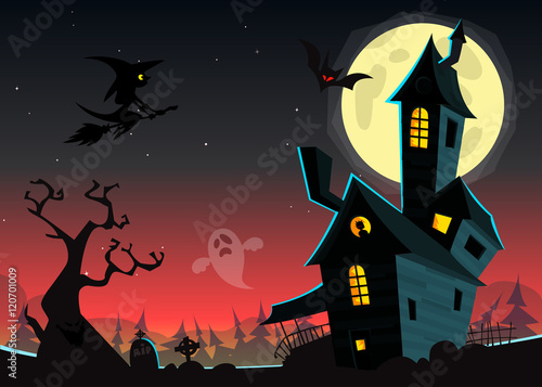Halloween haunted moonlight night background with spooky house and cemetery, can be use as flyer, banner or poster for night parties