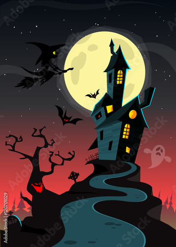 Creepy Old Halloween Horrable House. Cartoon vector background photo