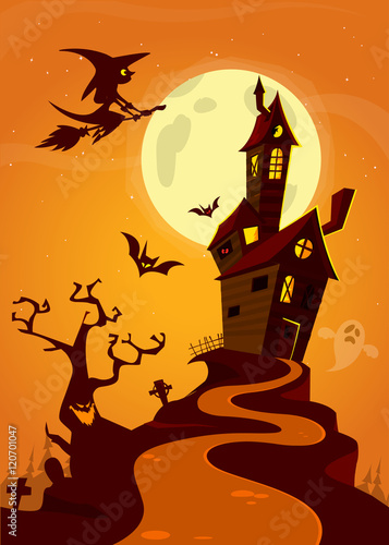 Scary old ghost haunted house. Halloween card or poster. Vector illustration