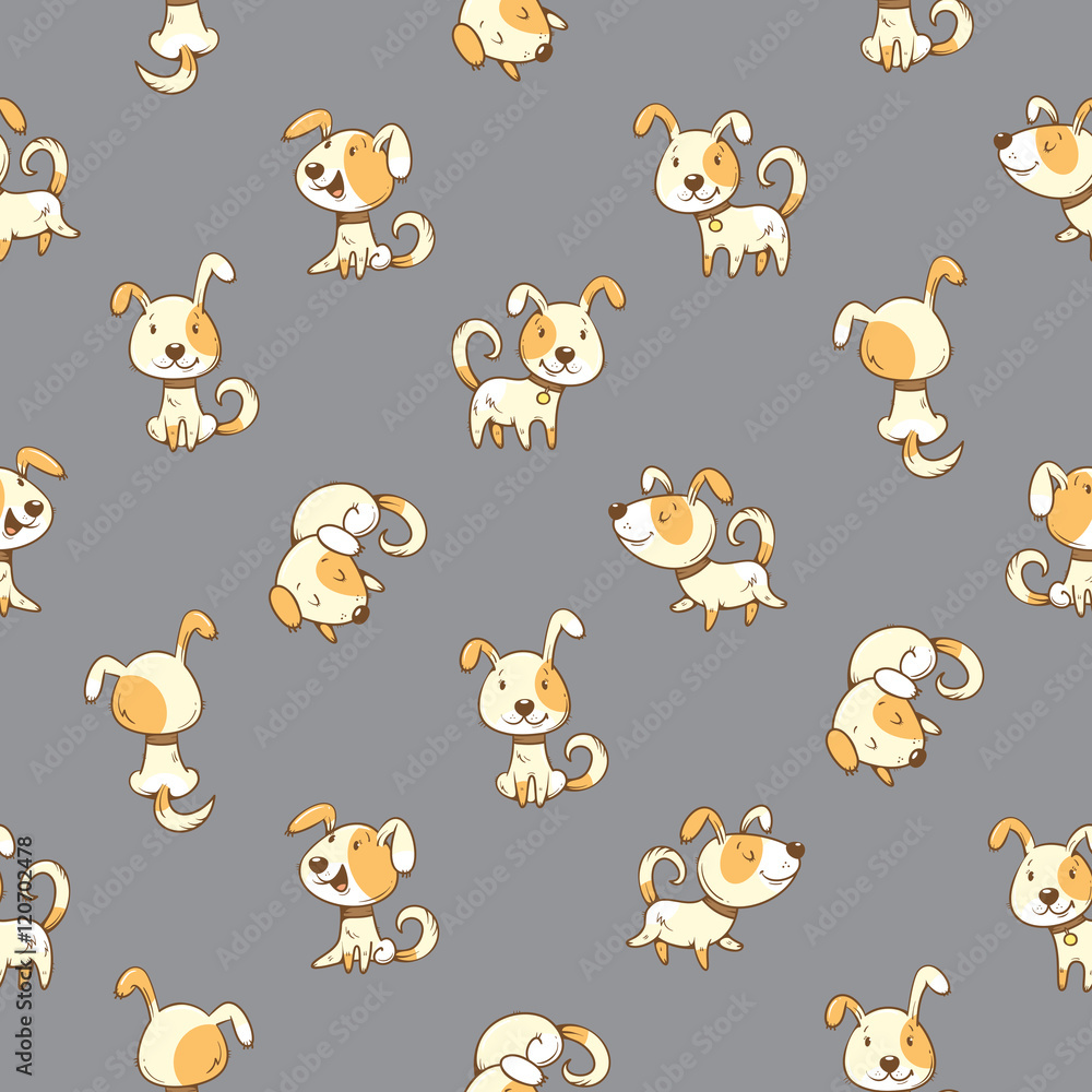 Seamless pattern with cute cartoon dogs on gray background. Little puppies. Funny animals. Vector contour colorful image. Children's illustration.