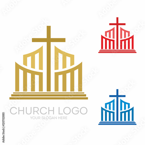Church logo. Christian symbols. Stylish cross of Jesus Christ among graphic vector elements.