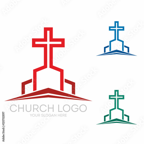Church logo. Christian symbols. Stylish cross of Jesus Christ among graphic vector elements.