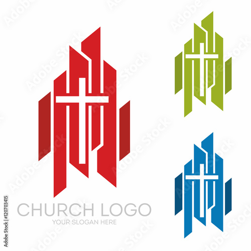 Church logo. Christian symbols. Stylish cross of Jesus Christ among graphic vector elements