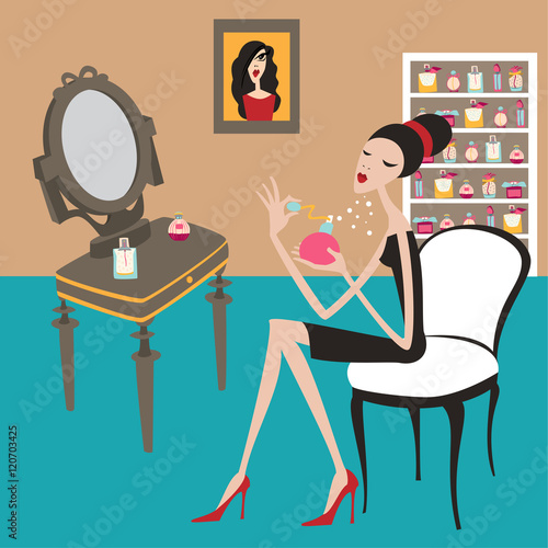 Illustration of young woman sitting on the chair using perfume. Room illustration with woman and vanity table. Evening time.
