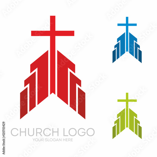 Church logo. Christian symbols. Stylish cross of Jesus Christ among graphic vector elements