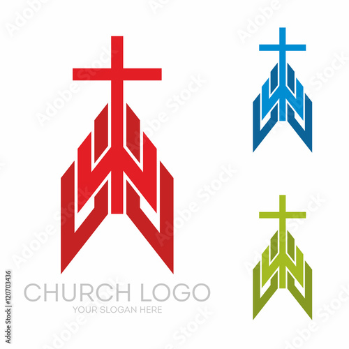 Church logo. Christian symbols. Stylish cross of Jesus Christ among graphic vector elements