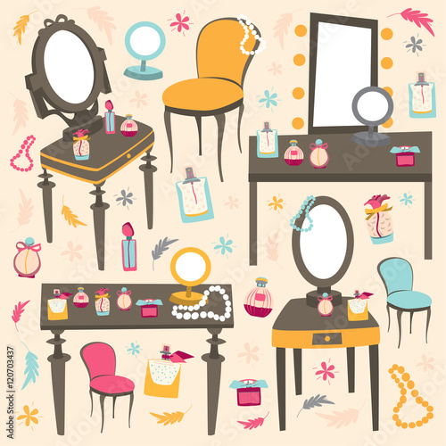 Set of makeup tables, chairs, perfumes. Flat style vector illustration.