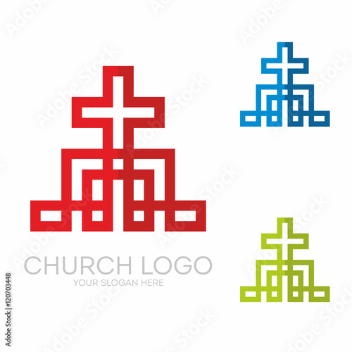 Church logo. Christian symbols. Stylish cross of Jesus Christ among graphic vector elements