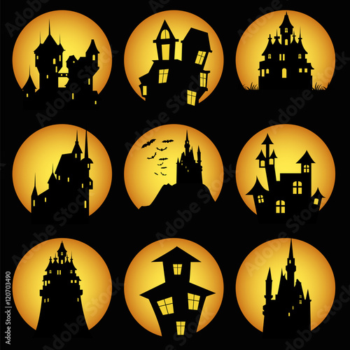 Misterious house in the dark night. Halloween holiday. Flat icon