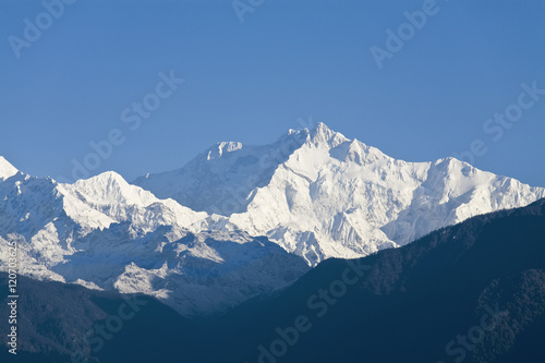 India, Sikkim, Pelling, View of Kanchenjunga,  Kangchendzonga range from road up to Sangachoeling Gompa photo