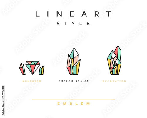 Crystal Diamond vector icon style line art. Monogram emblem element design style lineart.