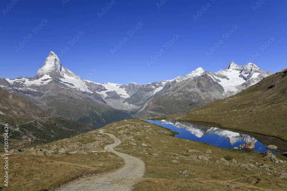 Switzerland, Valais, Zermatt, Matterhorn (Cervin) Peak and Lake Stelli Switzerland, Valais, Zermatt, Matterhorn (Cervin) Peak and Lake Stelli
