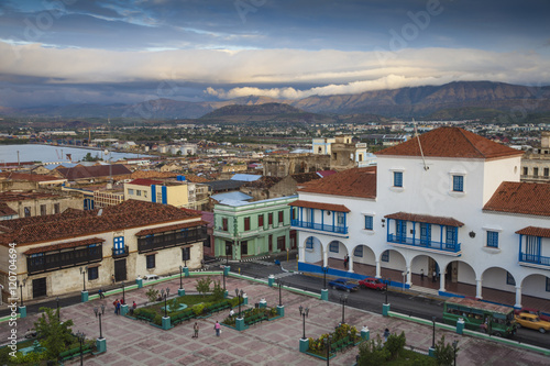 Cuba, Santiago de Cuba Province, Santiago de Cuba, Parque Cespedes (main city square) looking towards the town hall and Governor's House, Left is the  Museum Casa de Diego Velázquez, The oldest house of Cuba