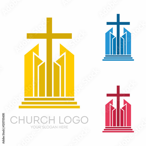 Church logo. Christian symbols. Stylish cross of Jesus Christ among graphic vector elements