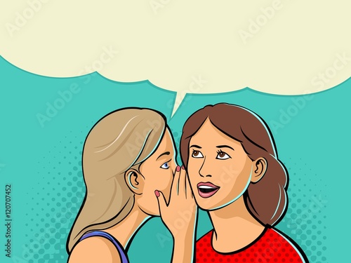Woman whispering gossip or secret to her friend. Two talking friends.