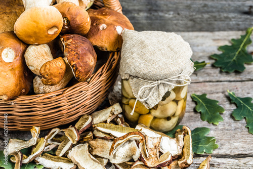Autumnal mushrooms preserves, dry mushroom and boletus marinate