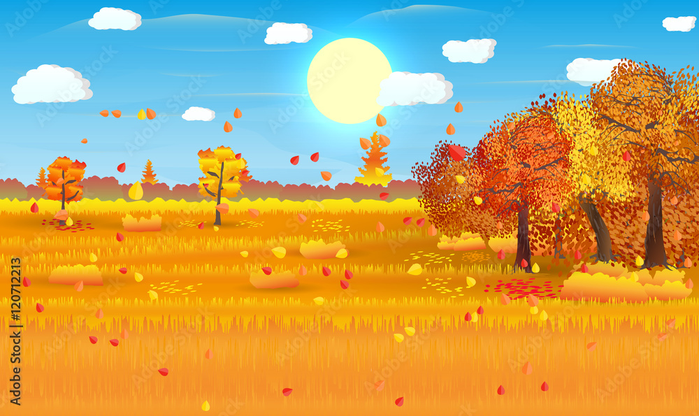 Autumn nature landscape with forest and field