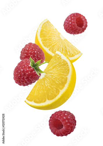 Lemon raspberry falling vertical composition isolated on white background