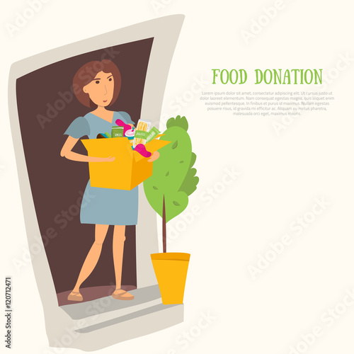 Woman Volunteer with food donation and clothes. Most needed items for  banks vector infographics  caned meat, socks, chockolate, . photo