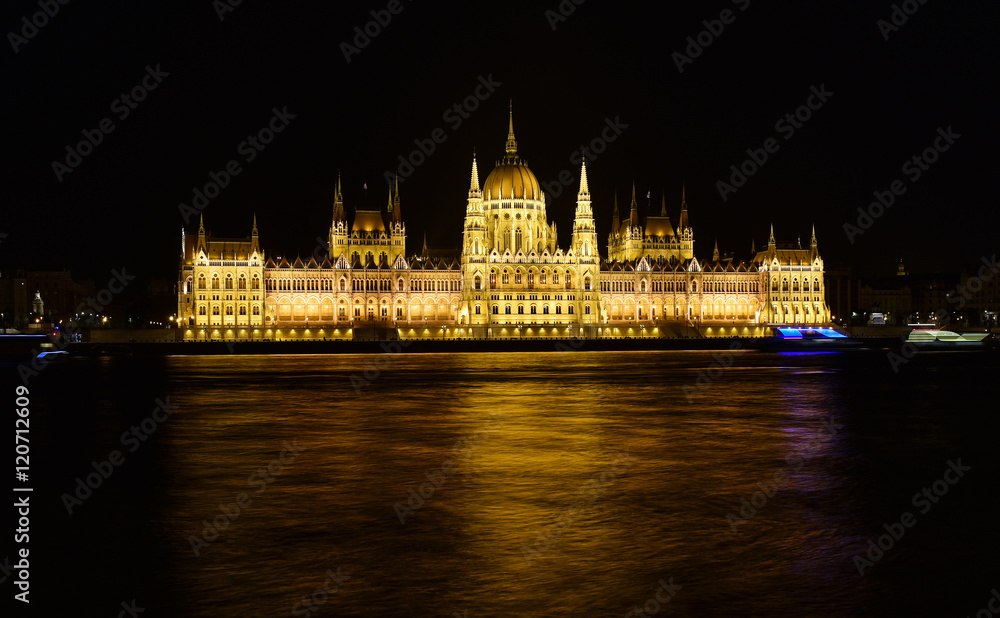 Budapest parliament at night near the Danube river
