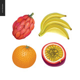 Fruit vector stickers. A set of four cartoon hand drawn fruits, orange, banana, passion fruit, and a fantasy red fruit