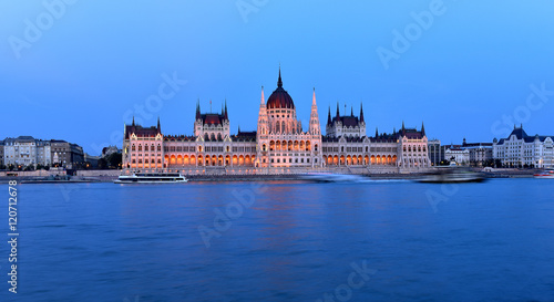 Budapest parliament at blue hour near the Danube river