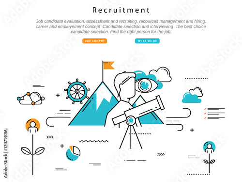 Line flat vector business design and infographic elements for job candidate evaluation, interviewing, assessment, recruiting, resources and corporate management, hiring, employment, career concept