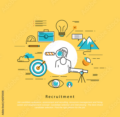 Line flat vector business design and infographic elements for job candidate evaluation, interviewing, assessment, recruiting, resources and corporate management, hiring, employment, career concept