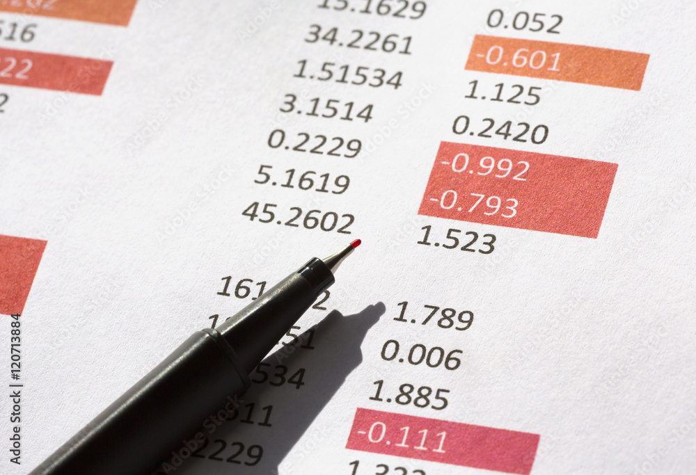 Statistic figures with a pen. Focus point on the pen tip. Negative numbers marked as red. Statistic figures with a pen. Focus point on the pen tip. Negative numbers marked as red.