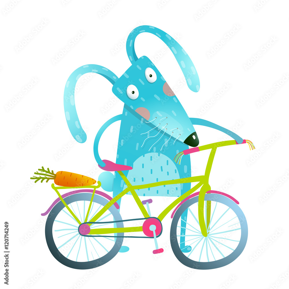 Fototapeta premium Cartoon blue bunny with bicycle