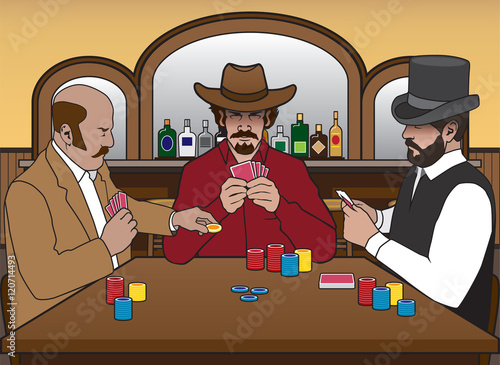 Three old west gamblers enjoying a card game in a saloon