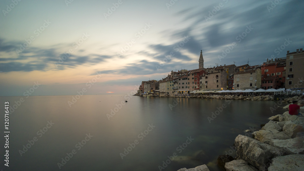Panoramic view on old town Rovinj at evening