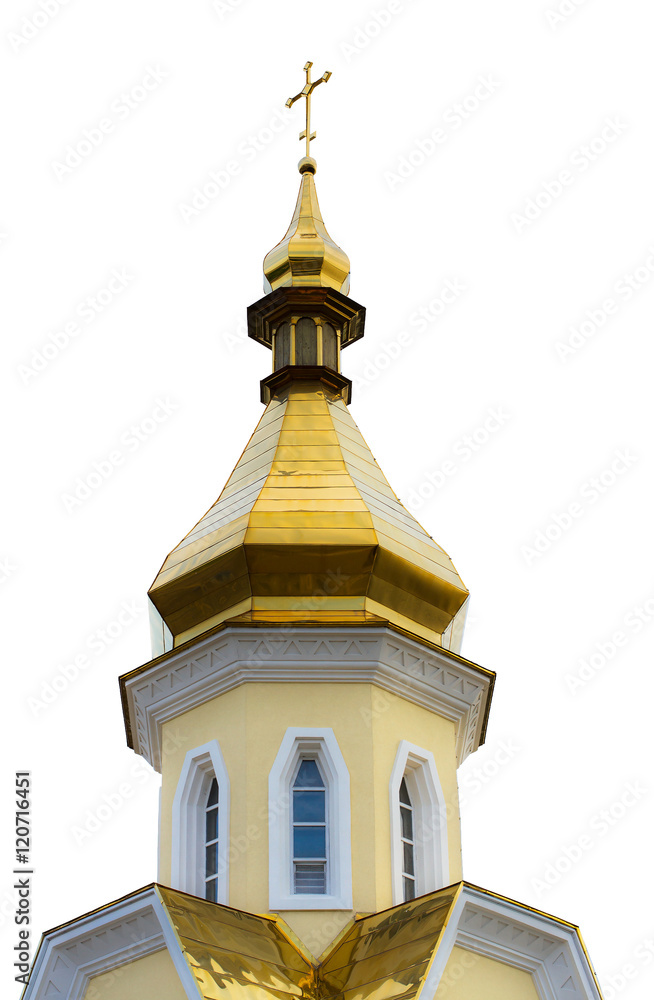 Isolated Christian Orthodox Yellow Church with Golden Dome and C