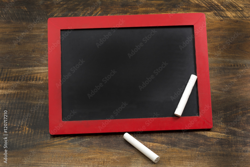 Empty Chalkboard wood frame with chalks and copy space Empty Chalkboard wood frame with chalks and copy space