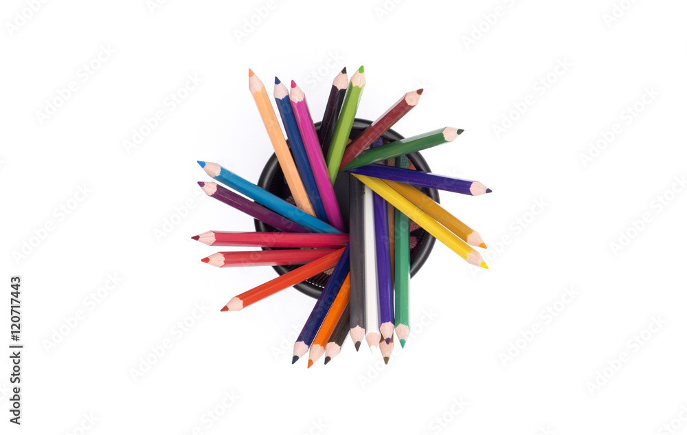 Colorful pencils top view with holder on white background top view