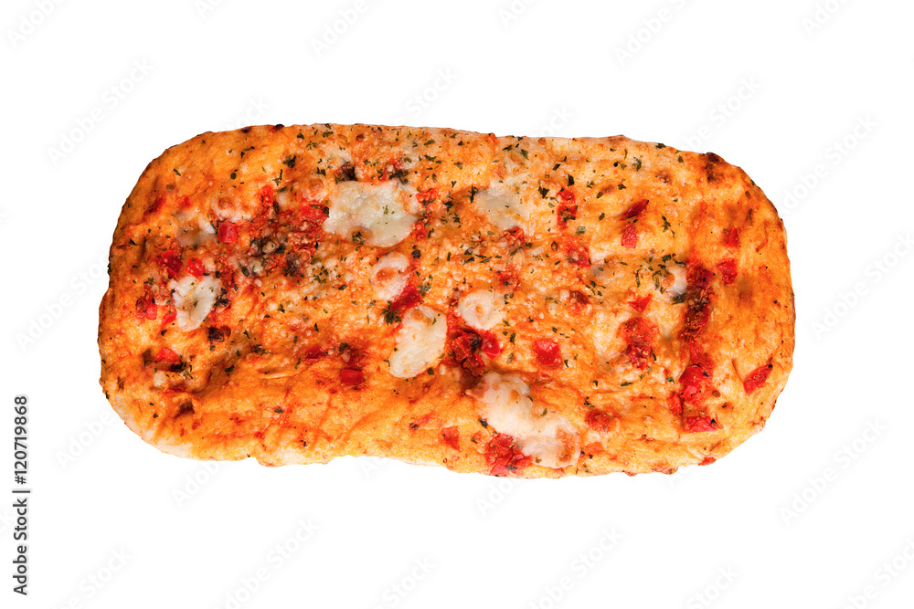 Pizza bread with tomatoes and mozzarella isolated on white Pizza bread with tomatoes and mozzarella isolated on white
