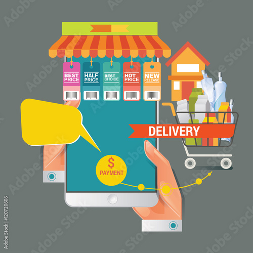 Colorful vector illustration concept for online ordering of food. Vector illustration concept for grocery delivery.
