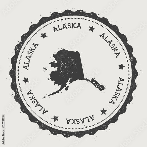 Alaska vector sticker. Hipster round rubber stamp with US state map. Vintage passport stamp with circular Alaska text and stars, USA map vector illustration.