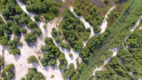 Summer time lake and green forest, sand and reflection in water, Poland lanscape. View from above. photo