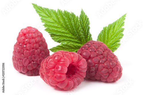 red raspberries with leaf isolated on white background macro