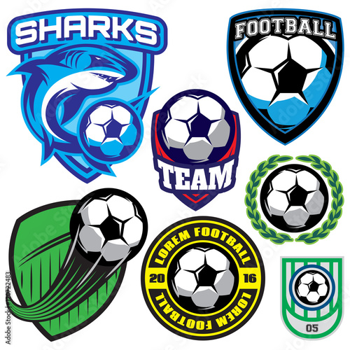 sports badge with a soccer ball and shark for the team, colored vector illustration