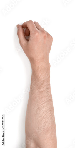 Close up view of a man's hand isolated on white background